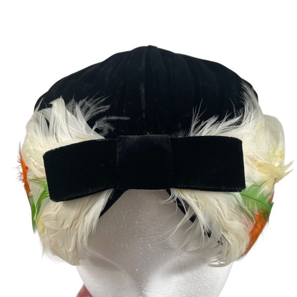 Vintage Flapper Casque Pheasant Feather Black Velvet Hat Cap Lace Lined La Vogue main image 7